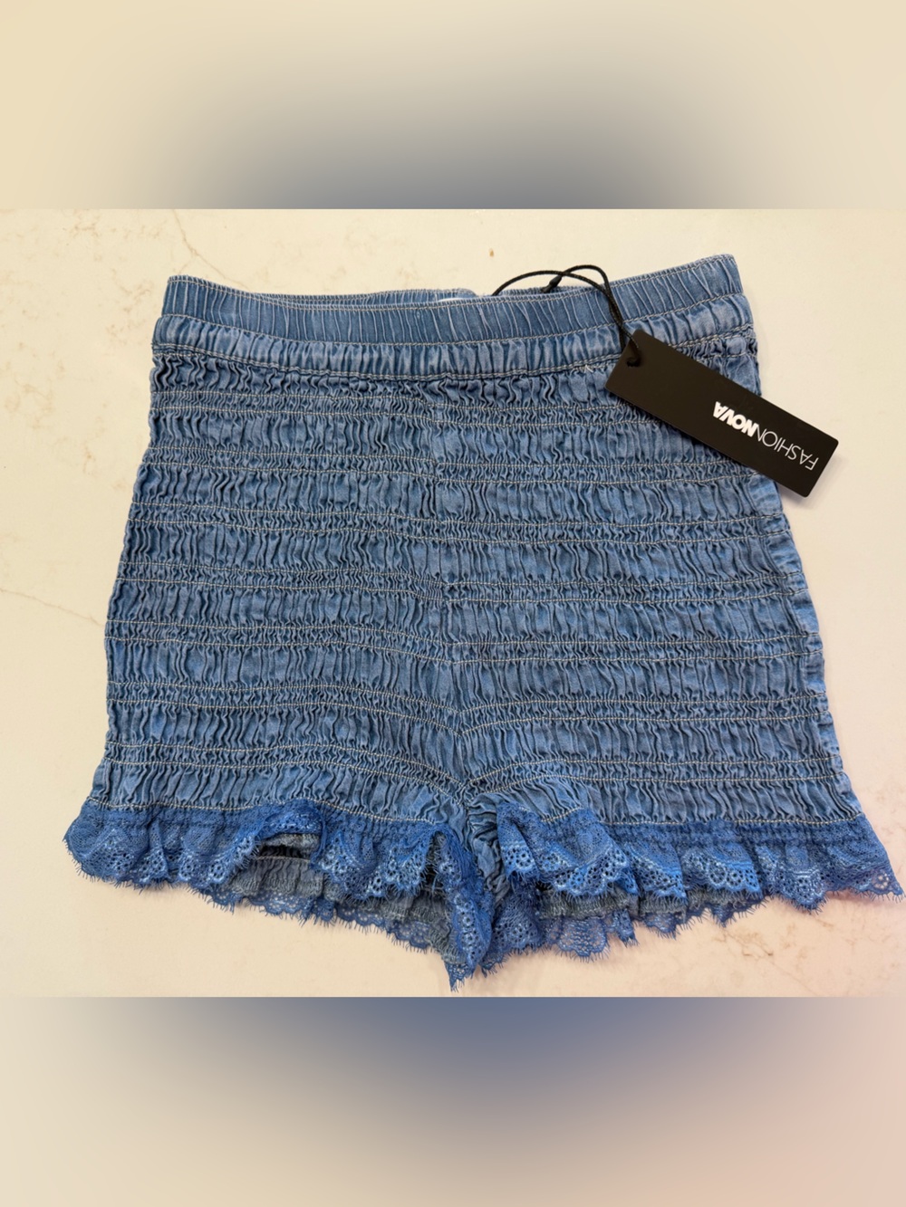 Fashion Nova Blue Smocked Lace-Trim High Waist Women’s Shorts
